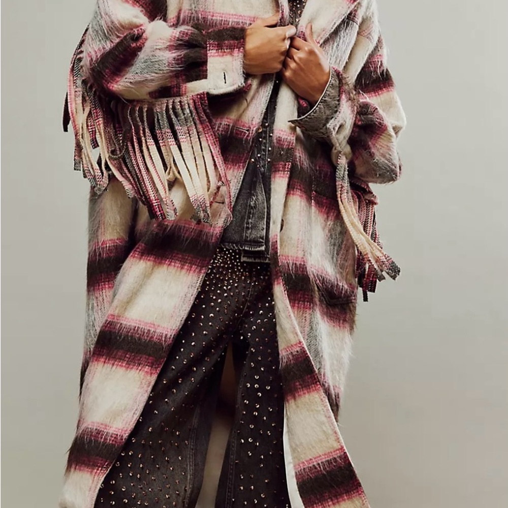 Free People Bali Pressley Wool long Duster coat fringe plaid